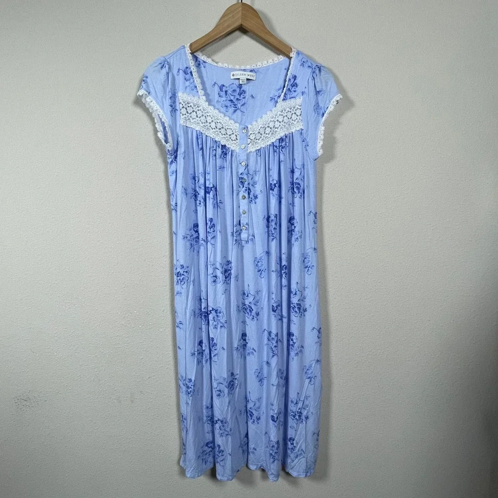 Eileen West Traditonal Nightgown Womens‎ XS Blue Floral Lace Trim Cottagecore